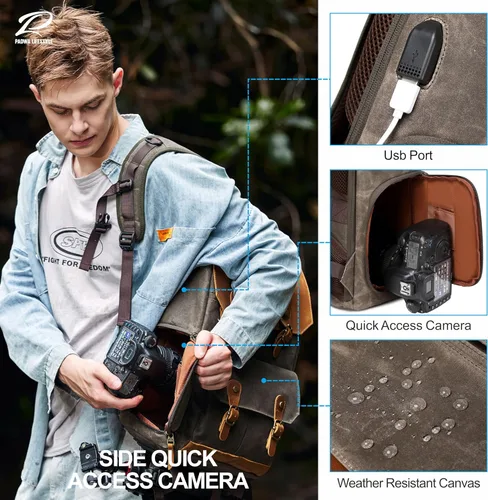 Miniatura 6 de Mochila para cámara Padwa Lifestyle - Bolsa de cámara de lona de memoria encerada resistente al clima para fotógrafos, Café