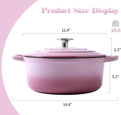 Miniatura 4 de EDGING CASTING - Horno holandés cubierto de hierro fundido esmaltado con tapa, olla redonda para hornear pan, 7 cuartos de galón, rosa Rosado