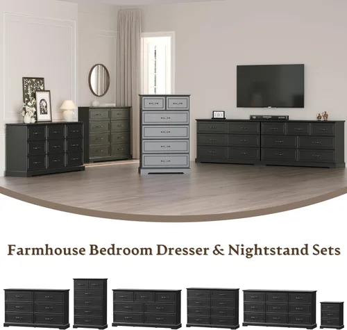 Miniatura 6 de Cómoda rústica de 3 cajones para dormitorio, cómoda moderna de 24 pulgadas de ancho con cajones profundos y asas de barra, mesita de noche de madera