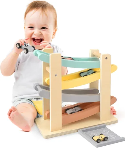 Vanplay Juguetes de rampa de coche para niños de un año, regalos de cumpleaños, juguetes Montessori de madera para niños de 1 a 2 años, juguete de