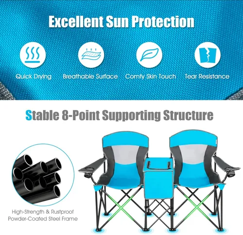 Miniatura 8 de Safstar Silla doble de campamento y playa plegable con toldo para sombra para 2 personas, con mesa pequeña para bebidas y bolsa de transporte