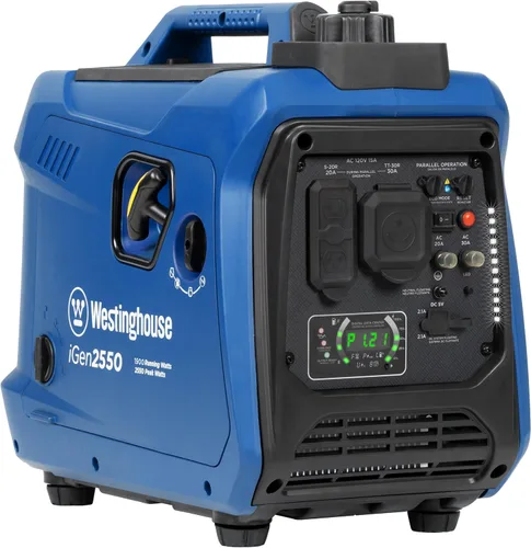 Miniatura 12 de Westinghouse Generador inversor portátil súper silencioso y ligero de 2550 vatios pico, salida de 30 A listo para RV, alimentado a gas y propano