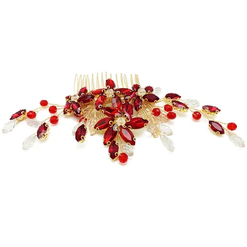 Miniatura 5 de Pieza de pelo de novia de cristal rojo con peine de flores de vid dorada, accesorios para el cabello para bodas, mujeres y niñas (dorado, rojo)