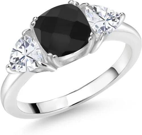 Miniatura 22 de 925 Sterling Silver Gemstone Birthstone and White Moissanite 3-Stone Engagement Ring for Women 7MM Cushion and 5MM Trillion Accents Three Stone