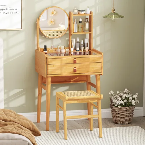 Miniatura 9 de Escritorio de tocador bohemio con espejo, mesa de tocador de maquillaje de bambú con 2 cajones de almacenamiento, estantes de gabinete y mesa