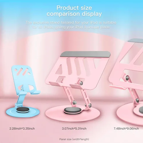 Miniatura 8 de Soporte giratorio de 360° para tablet – Rosa Doble eje giratorio ajustable, diseño plegable Se adapta a iPads y tabletas de hasta 13 pulgadas