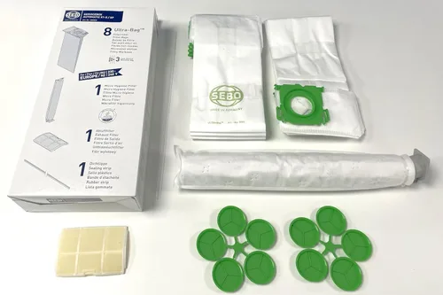 SEBO Caja de servicio 5828AM con tira de sellado para aspiradora serie X (no X7 o X8) con 8 bolsas de filtro, filtro de escape, microfiltro