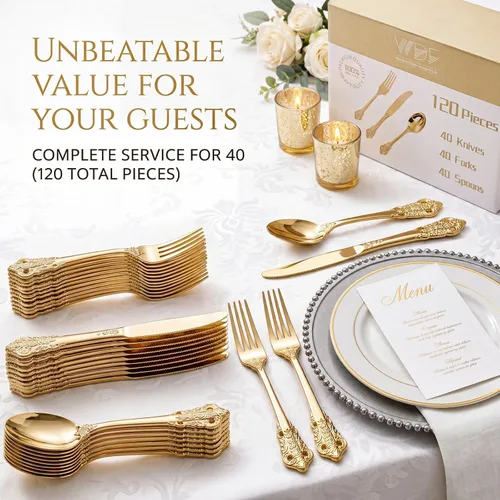 Miniatura 6 de WDF 120 cubiertos de plástico dorado – Juego de cubiertos desechables de plástico dorado resistente – 40 tenedores, 40 cucharas, 40 cuchillos