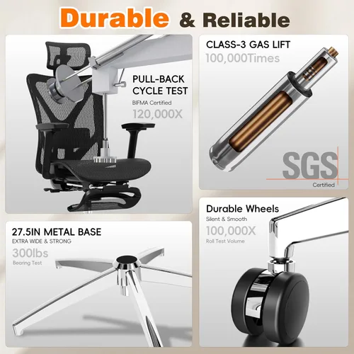Miniatura 9 de GABRYLLY Silla de oficina ergonómica con reposapiés, silla de escritorio reclinable de 135° con soporte lumbar ajustable, reposabrazos 3D, Negro