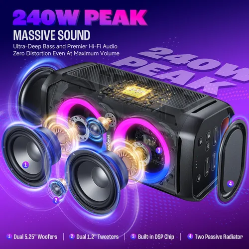 Miniatura 2 de W-KING Altavoz Bluetooth portátil de 240 W, caja de auge fuerte con subwoofers de graves profundos, altavoz impermeable IPX6 para exteriores