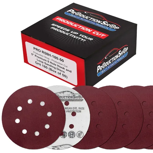 Miniatura 19 de ProductionShop Discos de lijado de grano 40 con patrón rojo de 8 agujeros de 5 pulgadas, caja de 30, papel de lija sin polvo con respaldo de gancho