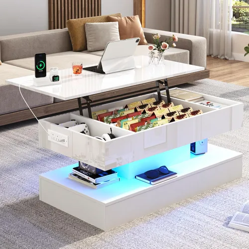 Miniatura 11 de 39.4" Mesa de café grande con tapa elevable, modernas mesas de café LED de alto brillo para sala de estar con almacenamiento, mesas de salón negras