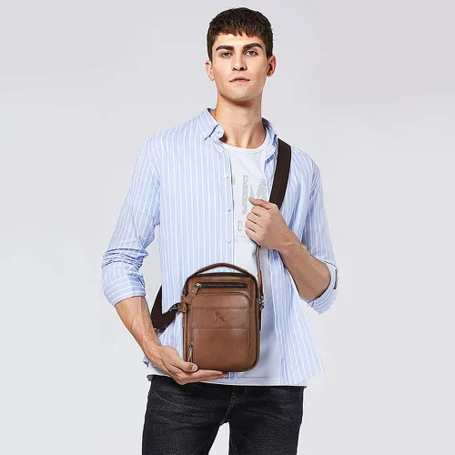 Miniatura 7 de BAIGIO Bolso de mensajero pequeño de cuero genuino para hombre, bolso de hombro para Ipad, bolso cruzado para hombre, bolso de viaje de negocios