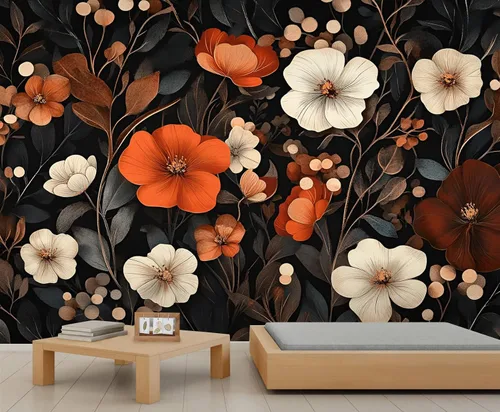 Miniatura 8 de Mural de pared floral retro, papel tapiz rústico floral de bar, flores abstractas 3D, impermeable, para cafetería, restaurante, sala de estar