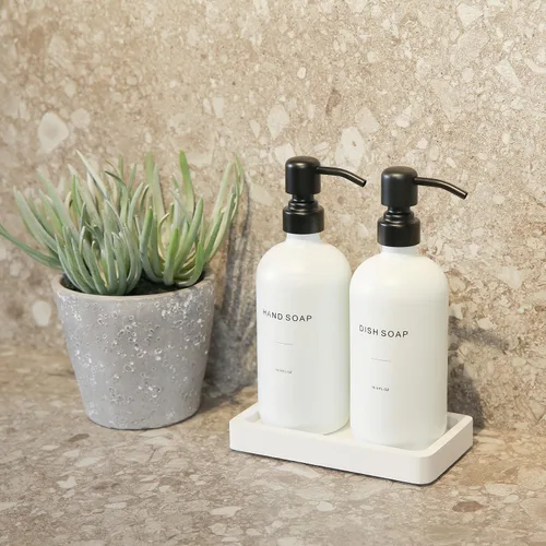 Miniatura 6 de Prus Waso Juego de dispensador de jabón de cocina, dispensador de jabón blanco con bomba de acero inoxidable negro, perfecto para decoración moderna