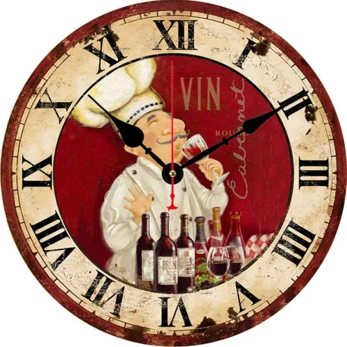 Reloj de pared de cocina italiano Happy Cook Chef Enjoy Wine Relojes de cuarzo para comedor, restaurante CAF decorativo (11.8 in)