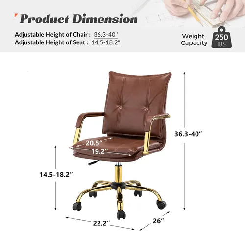 Miniatura 2 de HULALA HOME Silla de escritorio de piel sintética para oficina en casa, silla giratoria ajustable para computadora con patas y brazos dorados, Patas