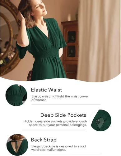 Miniatura 36 de Vestido largo de encaje para mujer de manga corta y cuello en V, vestido de fiesta estilo bohemio con cintura fruncida, vestido bohemio para mujer