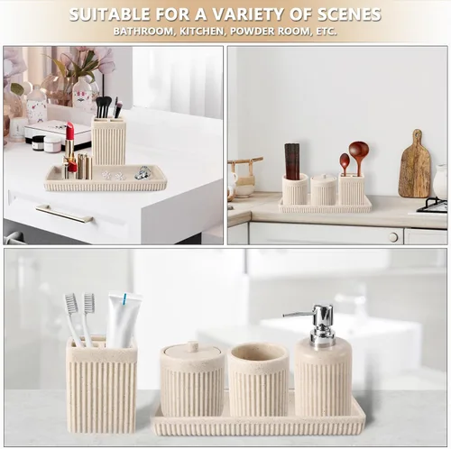 Miniatura 6 de XLHOMO Juego de accesorios de baño de resina beige de 5 piezas, dispensador de jabón y loción, soporte para cepillo de dientes, vaso de baño, porta