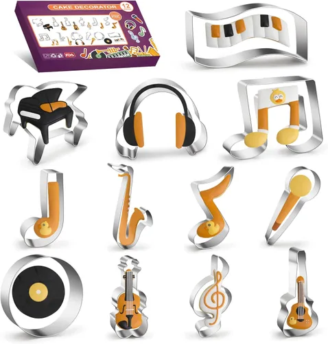 ISZW - Juego de 12 cortadores de galletas de notas musicales, moldes de acero inoxidable para hornear, moldes de metal para hornear, moldes de metal