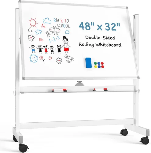 Miniatura 9 de MaxGear Pizarra blanca móvil de 48 x 32 pulgadas sobre ruedas, marco de aluminio resistente y embalaje reforzado, pizarra magnética de borrado