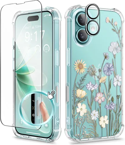 Miniatura 128 de GVIEWIN - Funda floral para iPhone 14 de 6.1 pulgadas, protector de pantalla + protector de lente de cámara, no se amarillenta, a prueba de golpes