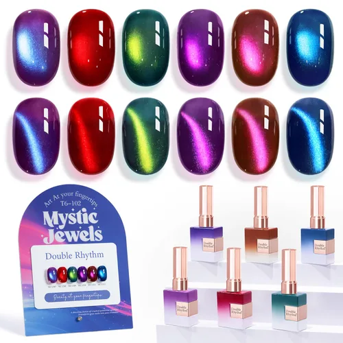 Miniatura 37 de Double Rhythm - Juego de esmalte de uñas de gel ojo de gato de 6 unidades, mismo color, misma botella, 14.8 ml, brillo con glitter, con imán