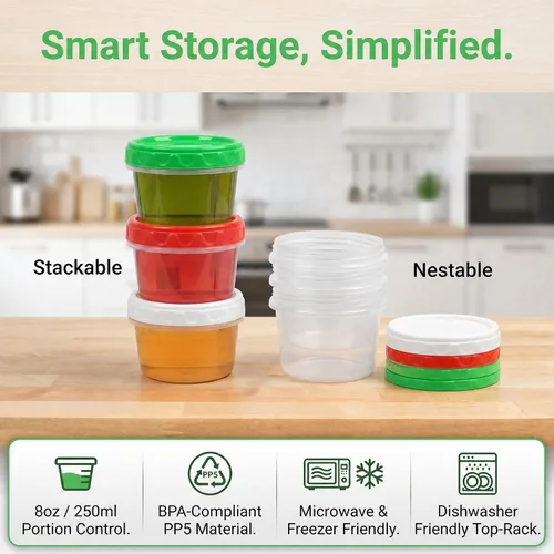 Miniatura 5 de EONJOE Recipientes pequeños de plástico para congelador de 8 oz con tapas apilables, envases para almacenamiento de alimentos de 1 taza, cuencos
