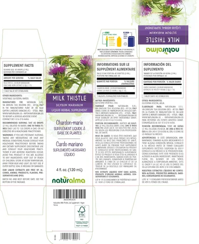 Miniatura 2 de Naturalma Cardo mariano (Silybum marianum) Tintura sin alcohol de frutas y hierbas, extracto líquido de 4 onzas líquidas en gotas, suplemento