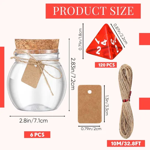Miniatura 2 de Wettarn 120 dados D4 transparentes rojos D4, 6 botellas de poción curativa, tarros de plástico con tapas de corcho, juego de dados poliédricos