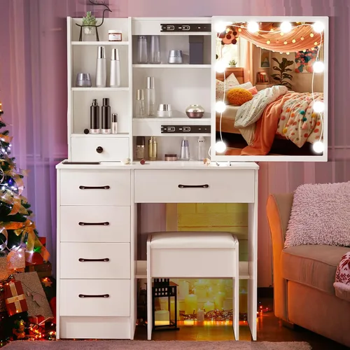 Escritorio de tocador con espejo LED deslizante, mesa de maquillaje blanca con 6 cajones, 4 estantes de almacenamiento y taburete, 3 modos de color