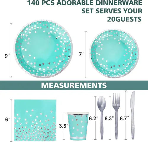 Miniatura 2 de Suministros de fiesta verde azulado y plateado, 140 piezas de vajilla desechable de lunares plateados, platos de papel verde azulado, servilletas