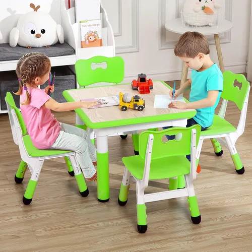 Mesa y sillas para niños, mesa para niños de altura ajustable con juego de 4 sillas, mesas para niños de 2 a 10 años, escritorio de graffiti, mesa