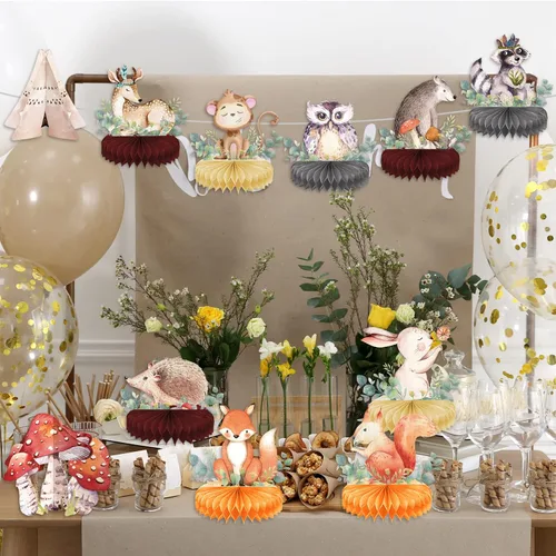Miniatura 6 de Decoraciones de animales del bosque, decoración floral para baby shower, bosque, bosque de nido de abeja, centros de mesa 3D de criatura del bosque