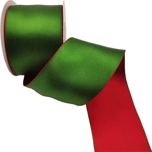 Cinta de raso con alambre reversible rojo verde para decoración de Navidad, arco de corona, manualidades florales, 2 – 1/2 pulgadas X 10 metros N1109