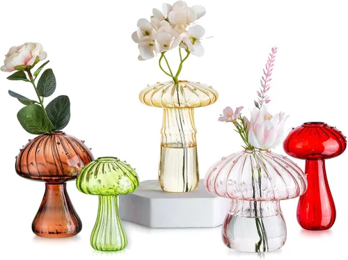 Glasseam Jarrones de Capullos de Flores en Forma de Hongo: Juego de 5 Bonitos Jarrones Pequeños de Vidrio de Colores para Flores, Jarrones Colorido