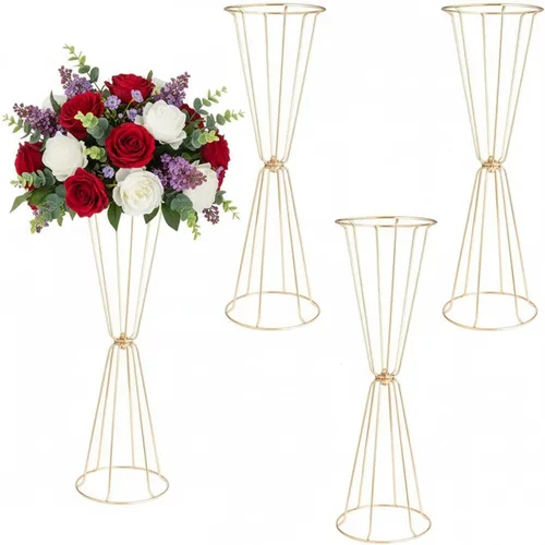Juego de 4 jarrones geométricos dorados para centros de mesa, soportes de flores de 23.6 pulgadas de alto para bodas, jarrones de trompeta florales