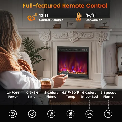 Miniatura 8 de SIMOE Inserto de chimenea eléctrica de 18 pulgadas, inserto de chimenea empotrado de 1500 W, pequeño con control remoto, temporizador de 0.5-9H, 8