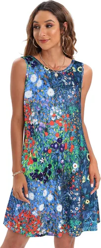 Miniatura 3 de elescat Vestidos de verano para mujer, estilo casual, sin mangas, estampado floral, holgado, con bolsillo