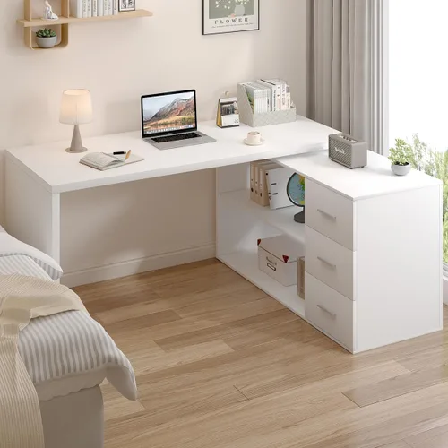 Miniatura 3 de HSH Escritorio Blanco en Forma de L con Cajones y Estantes, Escritorio de Esquina para Oficina en Casa en Forma de L con Gabinete de Almacenamiento