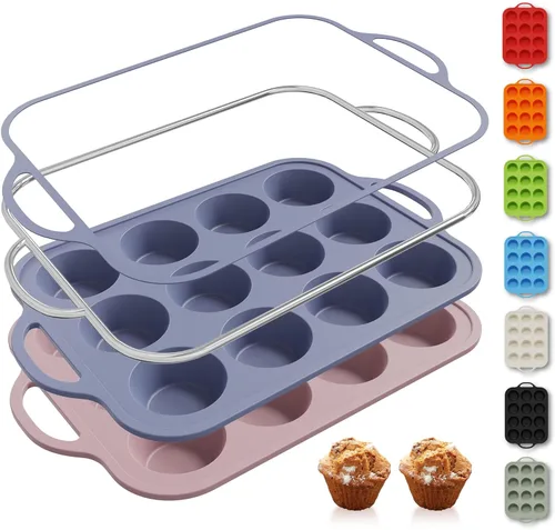 Miniatura 9 de 2 paquetes de 12 tazas de molde para magdalenas de silicona para hornear con marco reforzado de metal, molde para cupcakes de tamaño regular, Crema