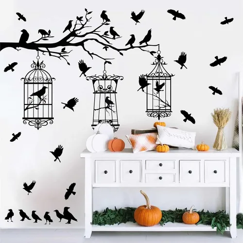 Miniatura 3 de Calcomanías de pared de ramas de árbol de Halloween, cuervo negro, pájaro, pájaro, pelar y pegar, calcomanías de cuervo para jaula de pájaro, Jaula