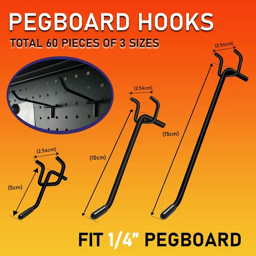 Miniatura 5 de 60 ganchos negros para tablero de clavijas, gancho de pared para tablero de clavijas de 2/4/6 pulgadas, gancho de estantería resistente para tablero