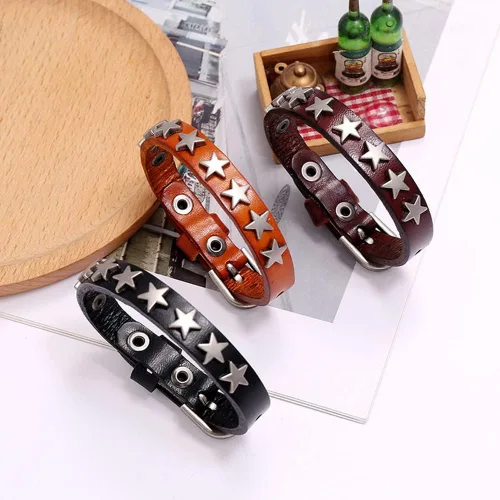 Miniatura 5 de YWMAN 2 pulseras góticas con tachuelas de pentagrama – Pulsera de cuero vintage con estrella – Pulsera de muñeca de roca hebilla joyería