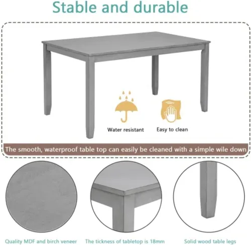 Miniatura 6 de Juego de mesa de comedor de 6 piezas para 4-6 personas, juego de cocina con 4 sillas tapizadas y un banco, sillas de sala de estar con respaldo
