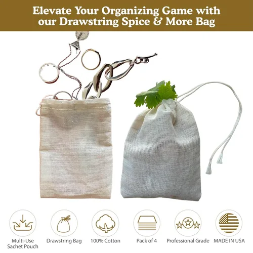 Miniatura 7 de Regency Wraps Bolsa con cordón 100% algodón, bolsas para guardar especias a granel, té, popurri y joyas, mini bolsas 100% algodón, 3 x 4 pulgadas