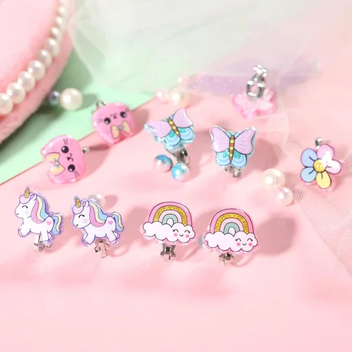 Miniatura 4 de PinkSheep Aretes de clip brillantes para niñas pequeñas, 6 pares de aretes de unicornio, aretes de arco iris para niños, el mejor regalo, Aleación