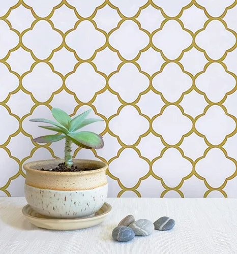 Miniatura 13 de Safiyya Papel tapiz despegable y adhesivo de 393" x 17.7 pulgadas, papel de contacto dorado blanco, autoadhesivo, removible, papel tapiz moderno