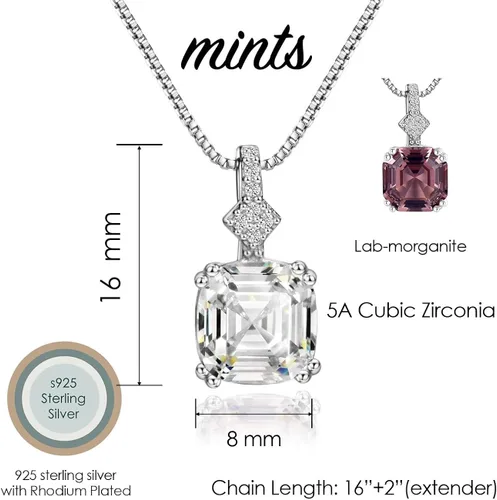 Miniatura 6 de Mints Collar con dije de morganita y corte Asscher de 2 quilates, plata de ley, joyería fina para mujer, Gema