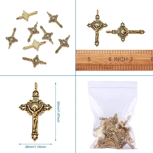 Miniatura 7 de Pandahall - 20 dijes colgantes de cruz de crucifijo estilo tibetano para rosario, cuentas sagradas, collares, joyería, oro antiguo, 1.969 x 1.102 x